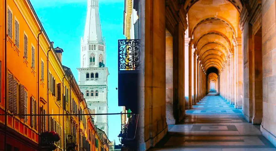 Split image: Left shows a street in Modena with colorful buildings and a tall white tower. Right shows a long, arched colonnade, evoking Bologna's porticoes.