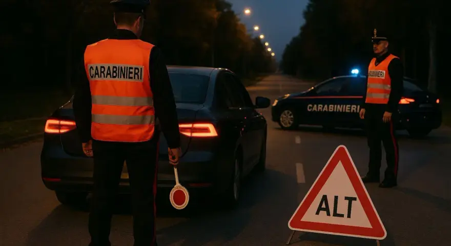 Carabinieri in alta visibilità fermano il traffico con un segnale di "ALT", applicando l'articolo 12 del codice della strada.