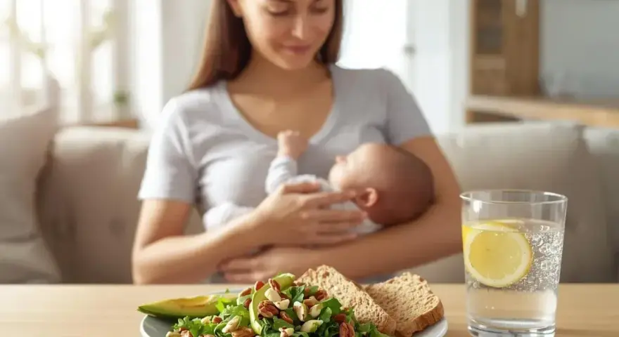 Zdrowa mama karmiąca piersią, obok talerz z sałatką, pieczywem i wodą z cytryną. To inspiracja do stworzenia własnej tabeli: co można jeść karmiąc piersią.
