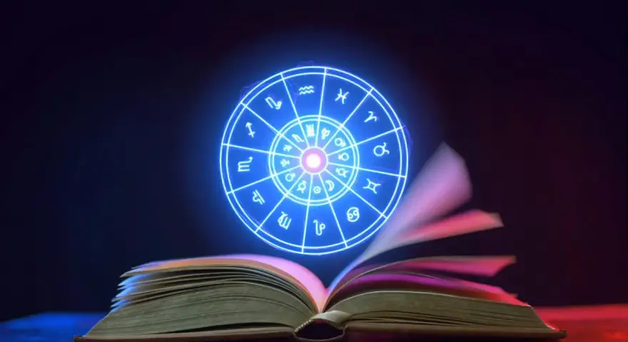 Otwarta księga, z której unosi się neonowy zodiak. Wskazuje na tajemnice i intuicję, jakby neptun w 6 domu odsłaniał codzienne przeznaczenie.