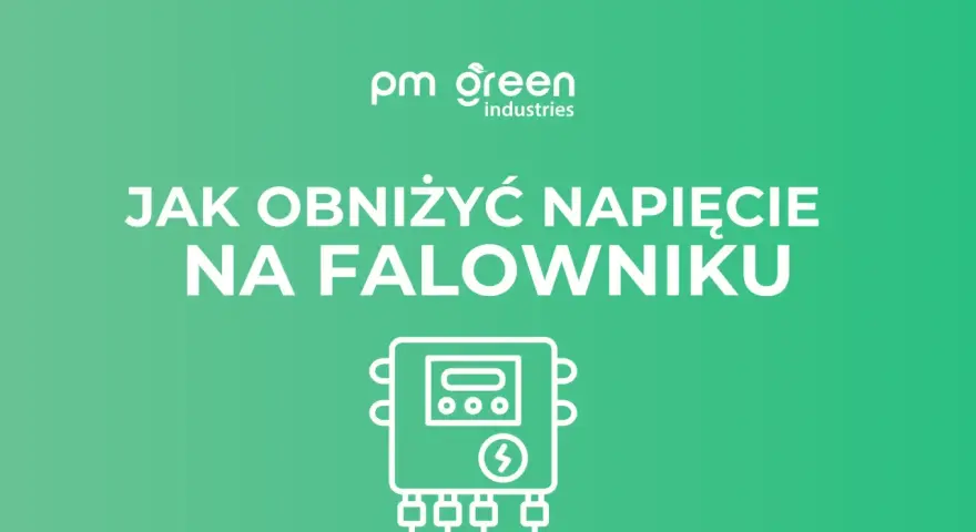 Grafika z napisem "Jak obniżyć napięcie na falowniku" i ikoną urządzenia.