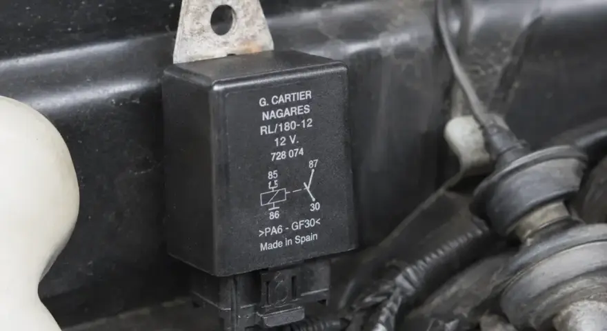 Uszkodzony przekaźnik objawy: czarny element z oznaczeniami G. CARTIER NAGARES, 12V, schematem połączeń i napisem "Made in Spain".