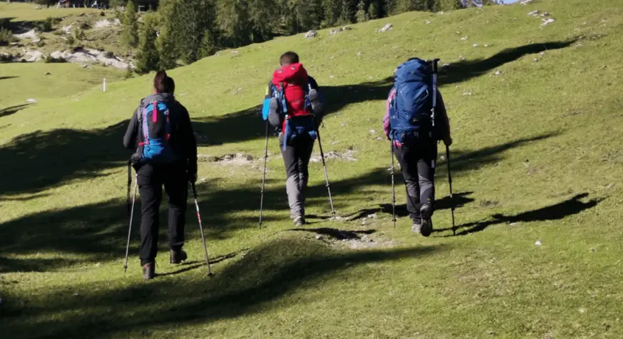 Tre escursionisti con zaini e bastoncini affrontano un sentiero in salita, godendosi i **percorsi trekking toscana**.