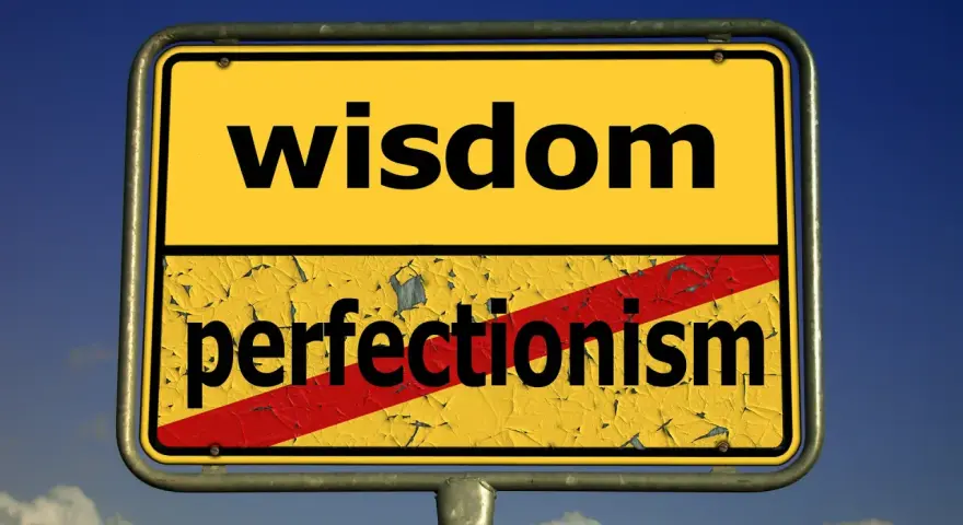 Znak drogowy z napisem "wisdom" na górze i przekreślonym "perfectionism" na dole. Symbolizuje odrzucenie perfekcjonizmu na rzecz mądrości.
