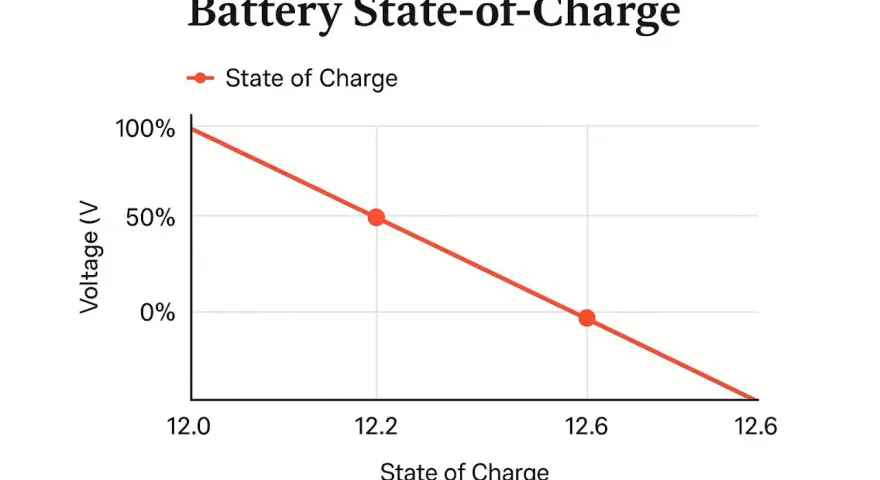 Graph shows car battery voltage decreasing as state of charge drops. A full charge is 100% at 12.6V.