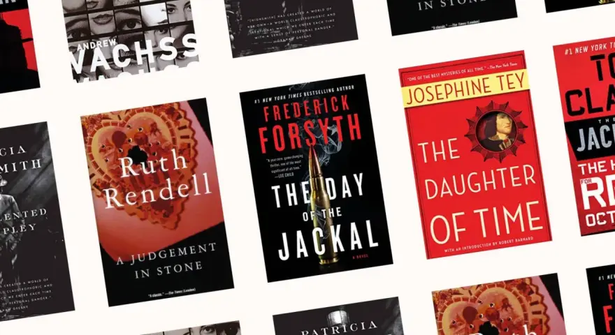 Collage aus Buchcovern von Thriller-Autoren wie Ruth Rendell, Frederick Forsyth und Patricia Highsmith.