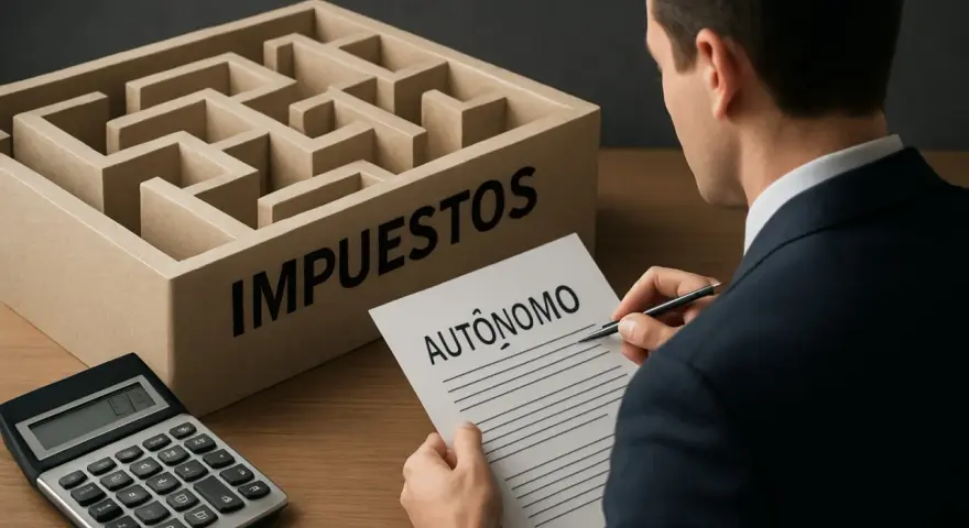 Hombre de traje frente a un laberinto con la palabra "IMPUESTOS". Sostiene un papel con "AUTÓNOMO" y una calculadora.