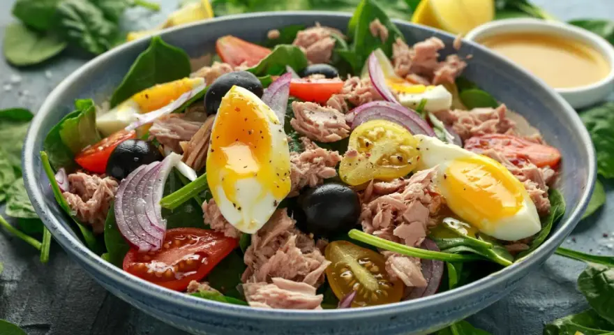 Ein köstlicher Thunfischsalat mit Ei, Tomaten, Zwiebeln und Oliven. Perfekt für ein leichtes Mittagessen oder als Thunfischsalat Rezept.