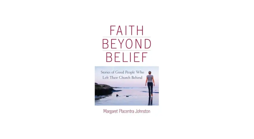 Faith Beyond Belief" book cover. A woman walks away from the viewer towards a serene ocean, symbolizing a personal journey of faith.