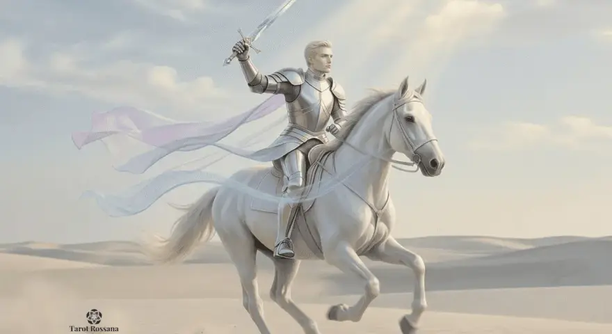 Un caballero en armadura plateada, montado en un caballo blanco, levanta una espada. Representa que significa el caballo de espadas en el tarot: acción y verdad.