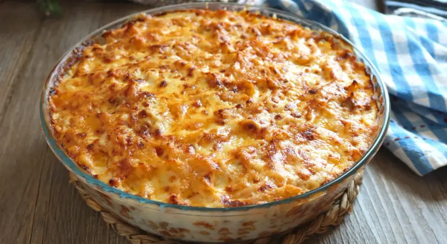 Macarrones al horno dorados y burbujeantes en una fuente de cristal, listos para servir.