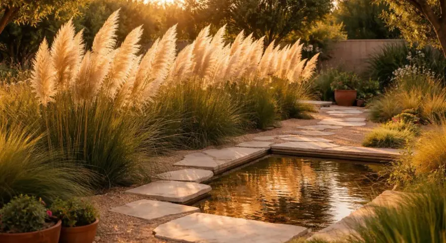 Goldene Abendsonne beleuchtet Pampasgras am Teichrand. Ein Steinpfad führt durch den Garten, der einen perfekten Pampasgras Standort zeigt.