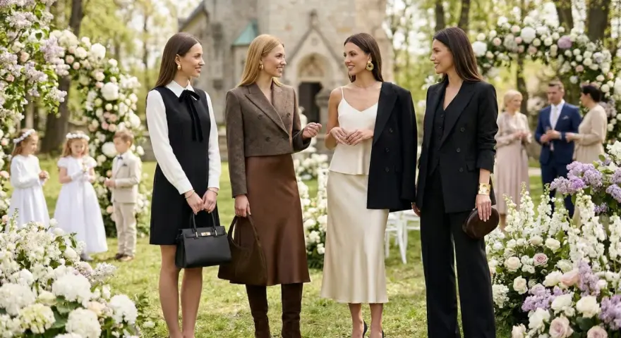 Eleganckie stylizacje na komunię: czarne sukienki, garnitury i satynowe spódnice. W tle kościół i dzieci w strojach komunijnych.
