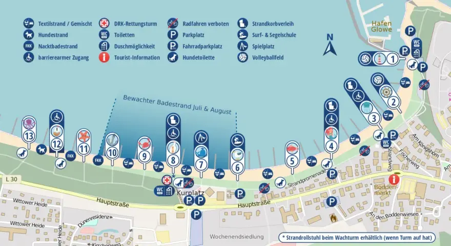 Karte von Glowe mit Strandabschnitten, Parkplätzen, Toiletten und Freizeitmöglichkeiten. Der glowe Strand bietet viel Platz.