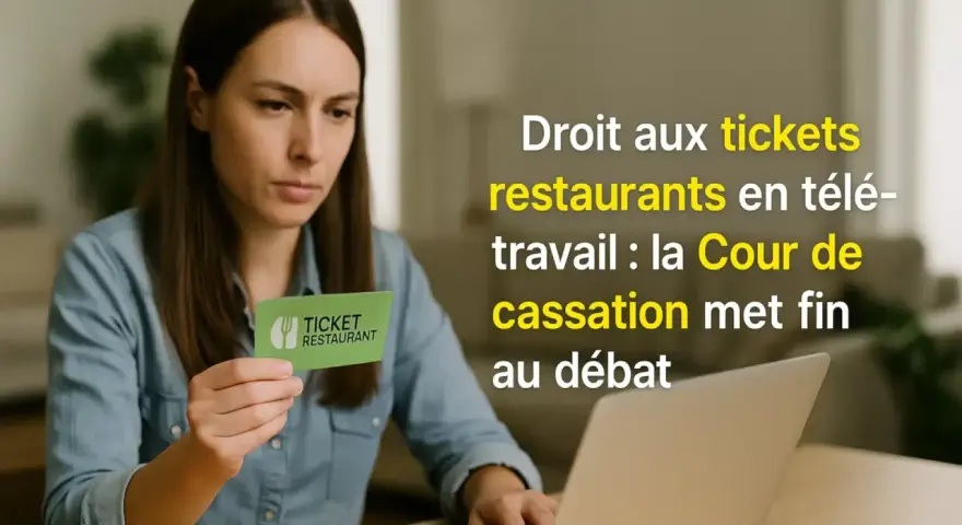 Une femme tient un ticket restaurant devant son ordinateur, illustrant le droit aux tickets restaurant en télétravail.
