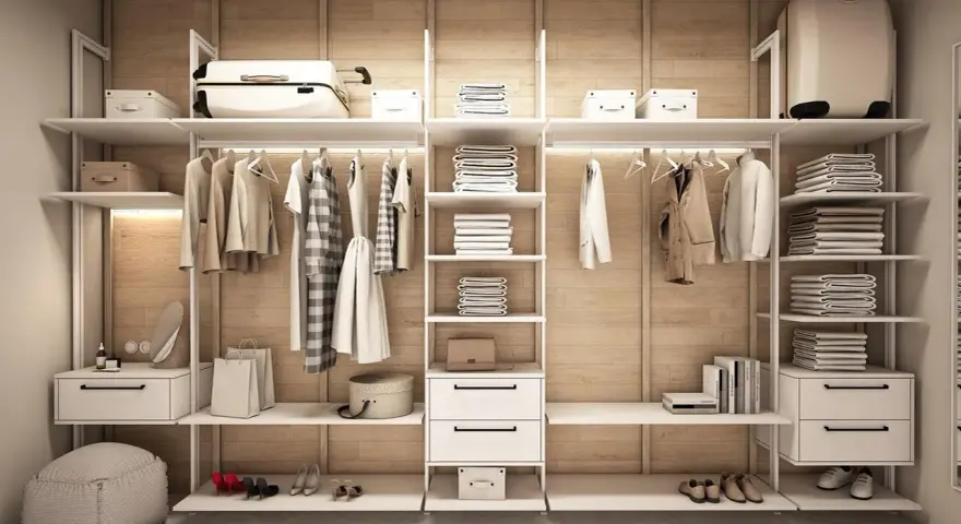 Minimalistyczna garderoba w stylu basic. Ubrania wiszą na wieszakach, stosy ręczników i pościeli na półkach. Wygodny puf i eleganckie buty dopełniają całość.