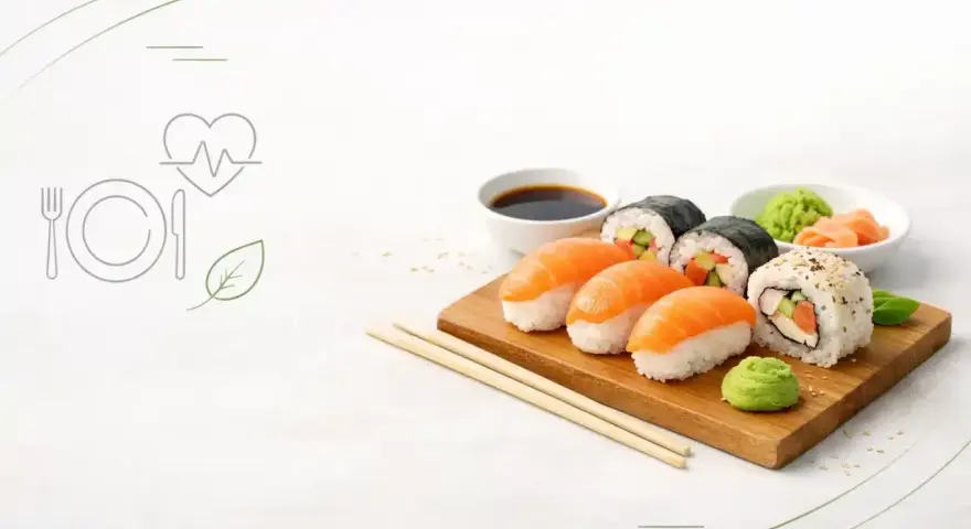 Sushi na desce, z sosem sojowym i wasabi. Poznaj sushi wartości odżywcze i ciesz się zdrowym posiłkiem.