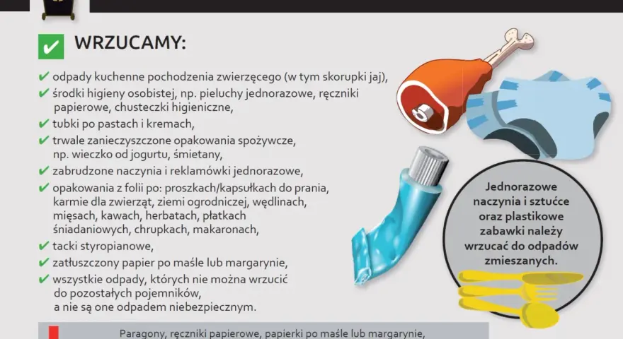 Czarne worki na śmieci, do których wrzucamy resztki jedzenia, zużyte pieluchy, tubki po pastach, zabrudzone naczynia i inne odpady zmieszane.