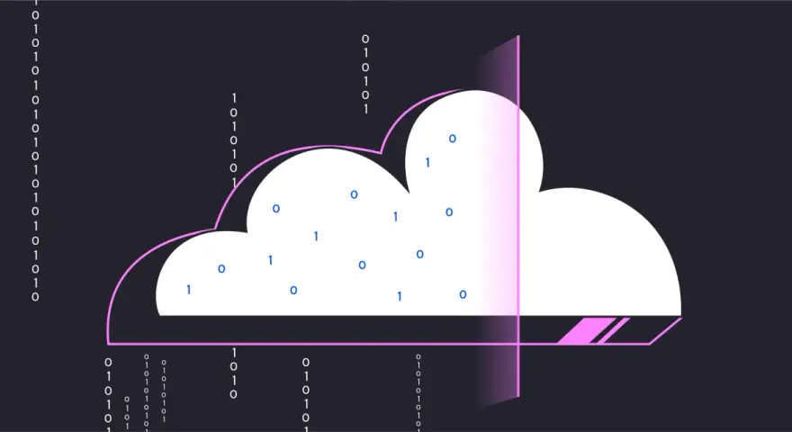 Binary code streams surround a cloud graphic, symbolizing data-driven cybersecurity and the protection of digital information.