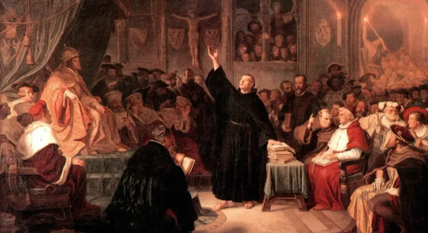 A monk preaches to a council of church leaders, including a Pope, during the Counter Reformation.