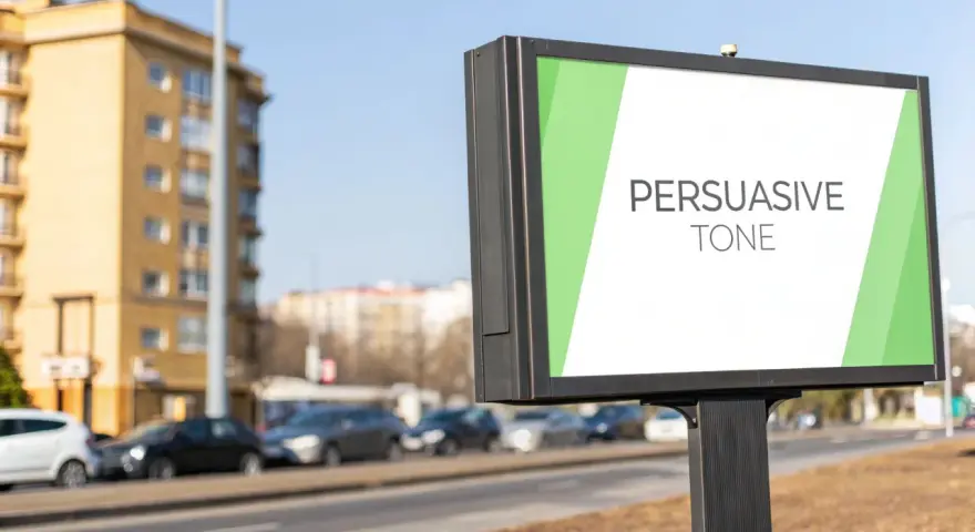 Billboard with "PERSUASIVE TONE" text on a white background with green accents.