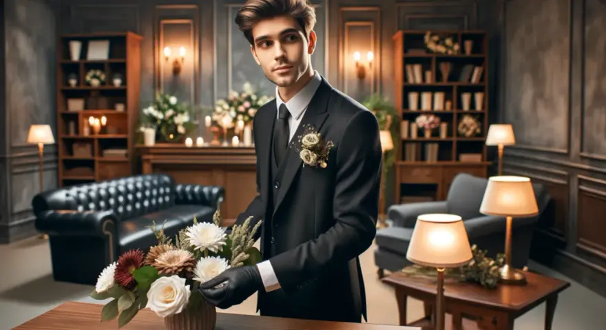 Giovane necroforo in abito elegante sistema fiori, il suo stipendio è modesto ma il suo lavoro è svolto con dignità.