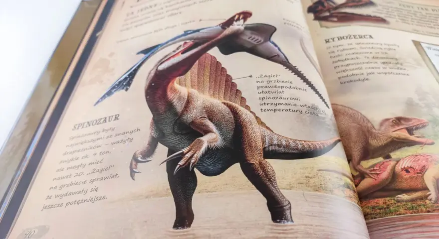 Ilustracja ze spinazurem i rybożercą, idealna dla dzieci. To najlepsza książka o dinozaurach dla dzieci, pełna fascynujących stworzeń.