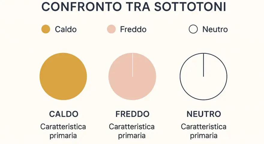 Confronto sottotoni pelle: cerchi colorati indicano caldo (giallo ocra), freddo (rosa pesca) e neutro (contorno blu).