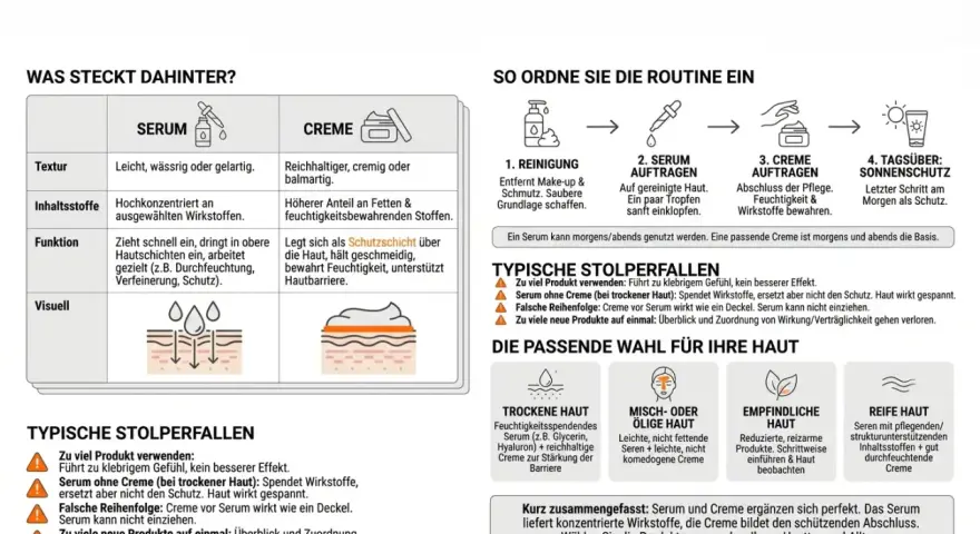 Serum ist leicht & konzentriert, Creme bildet Schutzschicht. Für trockene Haut nur Serum statt Creme ist nicht genug.