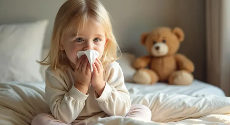Kleines Mädchen mit Taschentuch vor der Nase sitzt im Bett, Teddybär im Hintergrund.