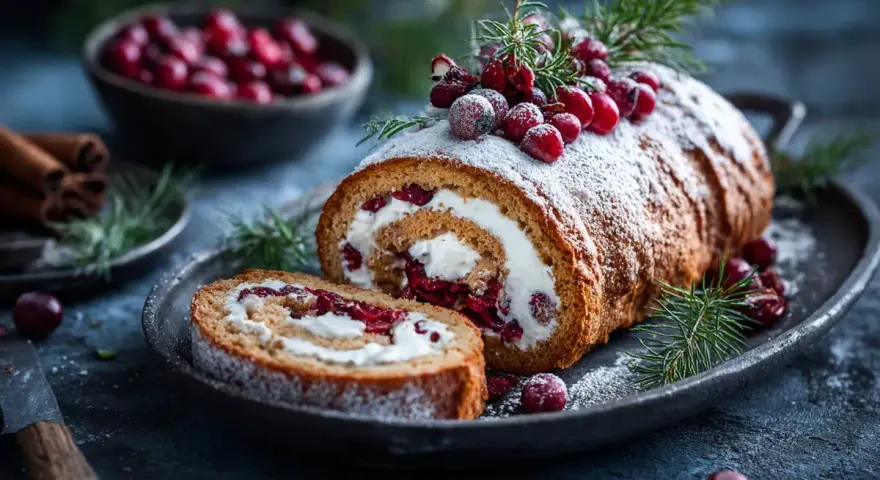 En vackert dekorerad rulltårta med grädde och lingon, perfekt för ett juligt rulltårta recept.