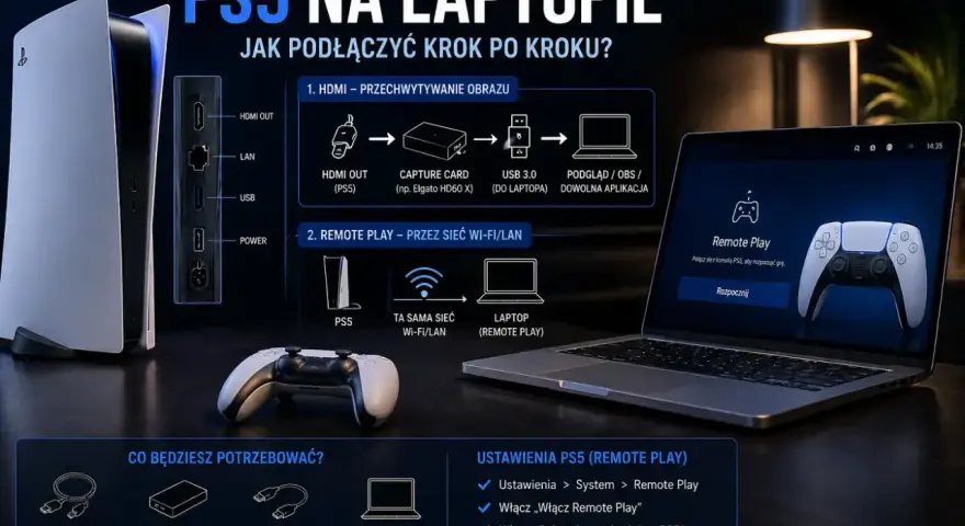 Instrukcja jak grać na laptopie z PS5 przez Remote Play. Pokazano połączenie HDMI i opcję Remote Play przez Wi-Fi/LAN.