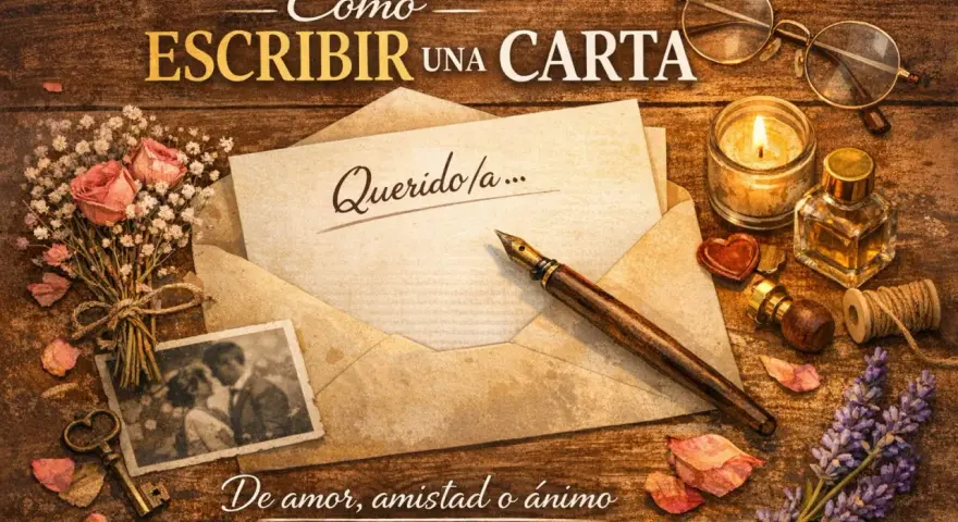 Cómo escribir una carta: un sobre abierto, pluma, tinta, vela, gafas y un ramo de rosas. Ideal para expresar amor, amistad o ánimo.