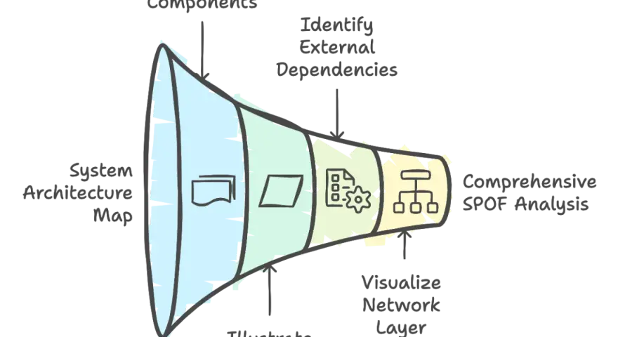 A funnel diagram illustrating steps for comprehensive SPOF analysis: System Architecture Map, Document Components, Identify External Dependencies, Illustrate Data Flows, Visualize Network Layer.
