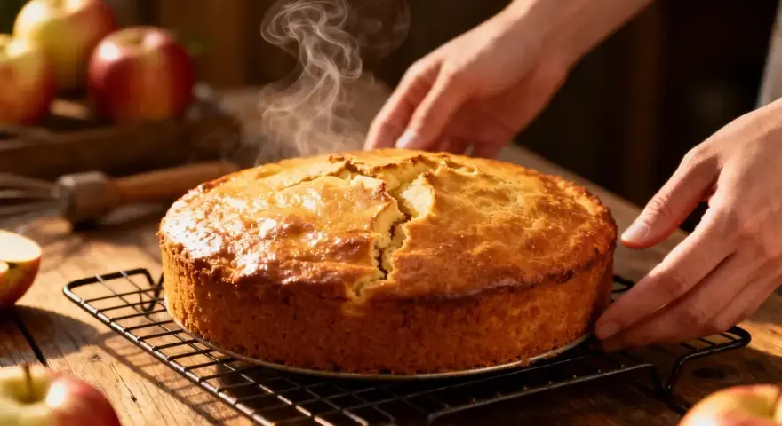Un délicieux quatre-quarts fumant, tout juste sorti du four, avec des pommes en arrière-plan.