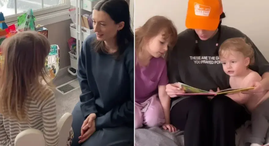 Mama po francusku, czytająca dzieciom bajki. Na lewym zdjęciu rozmawia z córką, na prawym czyta książkę dwóm pociechom.
