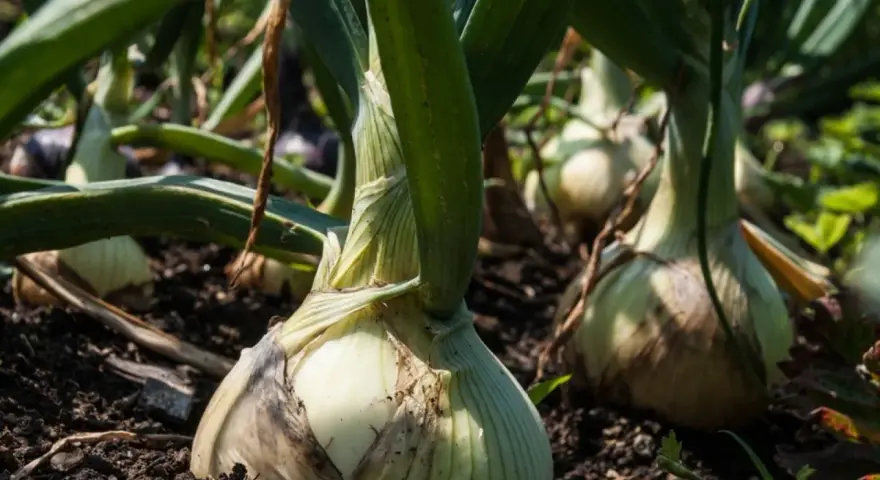 Zbliżenie na dorodne warzywa cebulowe rosnące w ziemi. Zielone liście otaczają białe, okrągłe cebule, gotowe do zbioru.