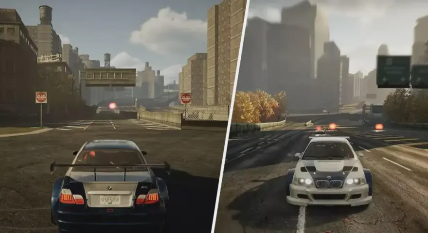 Dwie sceny z gry Need for Speed Most Wanted remake: po lewej BMW M3 z tyłu, po prawej BMW z przodu.