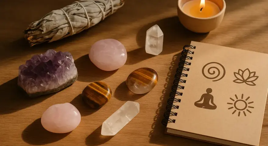 Amuleto de piedras, incienso y vela. El significado de las piedras protectoras se revela en este rincón de paz.