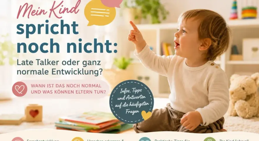 Kleines Kind zeigt neugierig nach oben. Text fragt: "Mein Kind spricht noch nicht: Late Talker oder normale Entwicklung?" Bietet Infos & Tipps für Eltern.