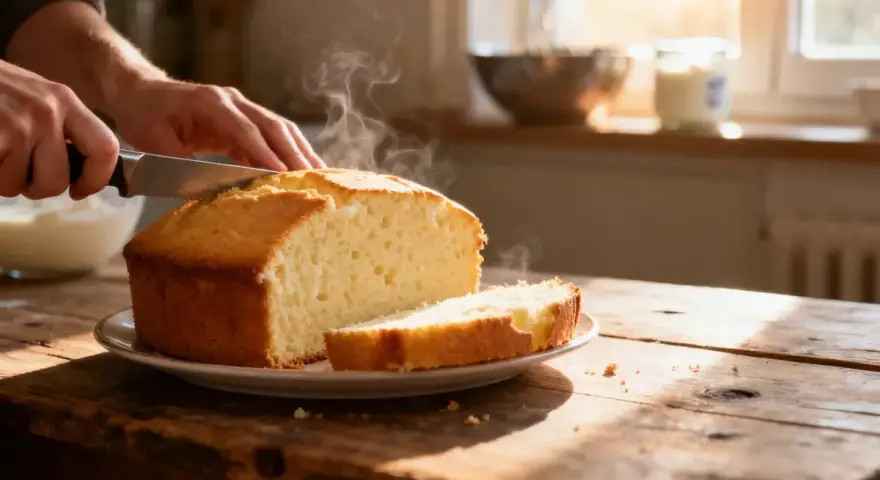 Un délicieux gâteau au yaourt, encore chaud, est coupé en tranches sur une table en bois rustique. La vapeur s'échappe doucement du gâteau.