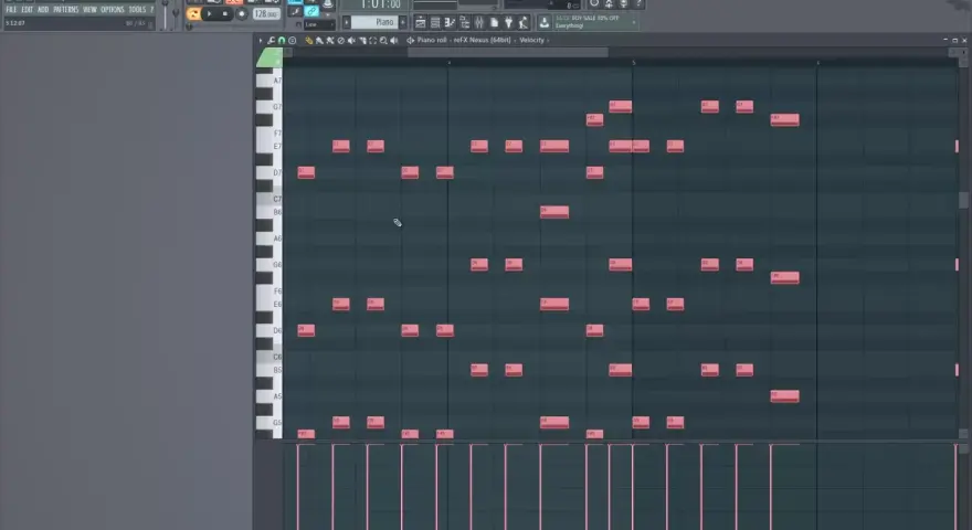Widok edytora **fl studio piano roll** z zaznaczonymi nutami. Widać klawiaturę fortepianową i siatkę z zapisanymi dźwiękami.