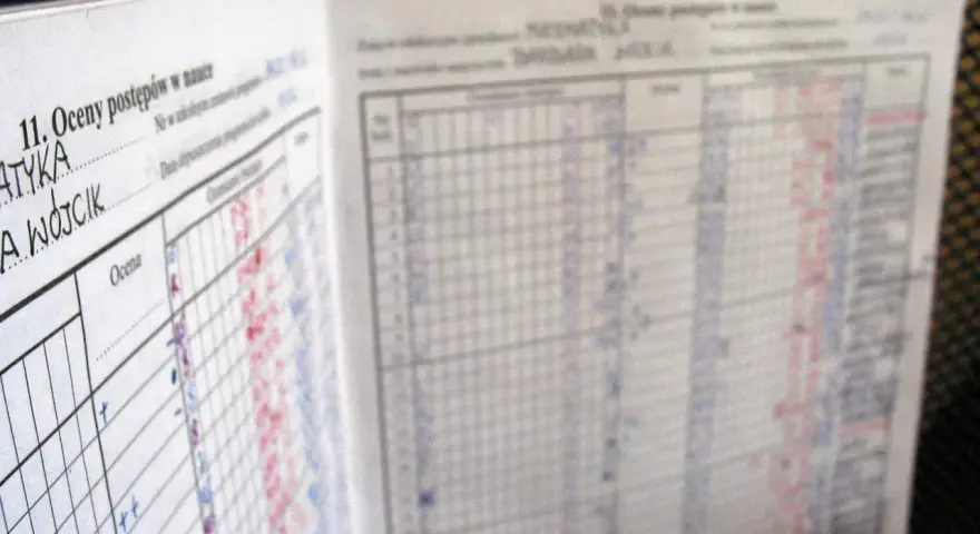 Strona dziennika z wpisanymi ocenami postępów w nauce. Widać rubryki z przedmiotami i wpisy ocen, niektóre czerwone, inne niebieskie.
