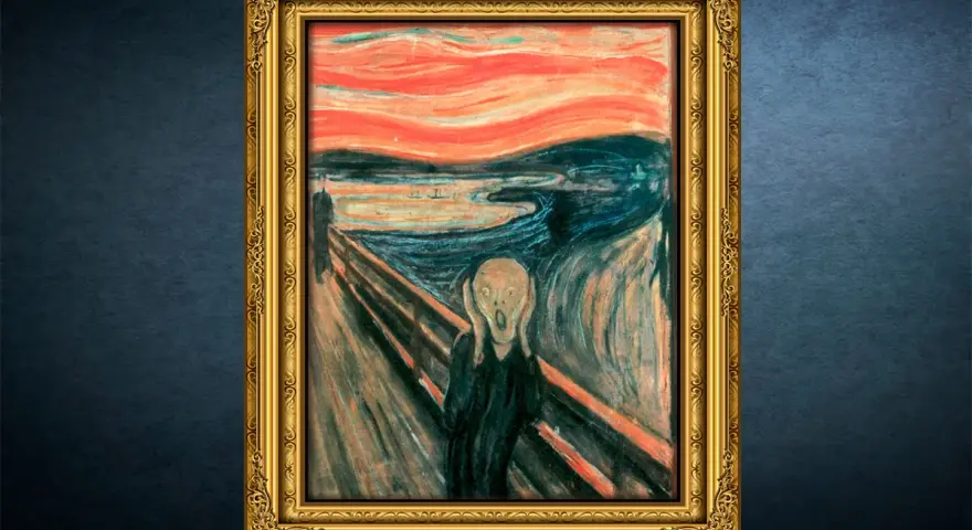 Edvard Munchs ikoniska "Skriet" i en gyllene ram. En skrikande figur på en bro under en blodröd himmel.