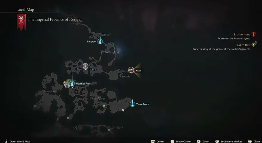 Mapa de Rosaria, con misiones activas como "Laid to Rest" y "Brotherhood". El destructor de mundos ff16 se acerca.