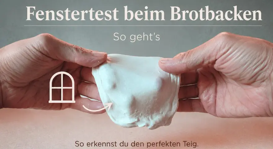 Hände dehnen einen hellen Teig, um den Fenstertest beim Brotbacken durchzuführen. So erkennst du den perfekten Teig.