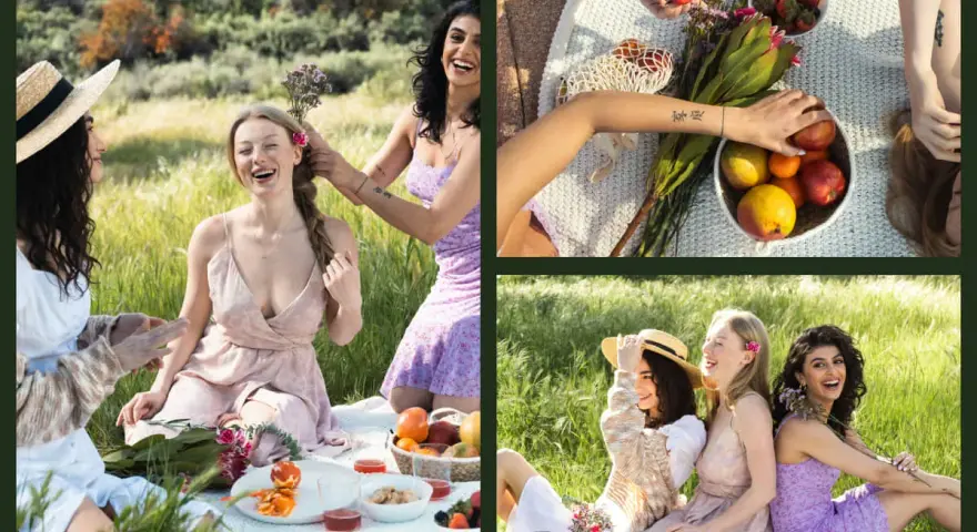 Un site de collage photo montrant trois amies profitant d'un pique-nique joyeux dans un champ verdoyant.