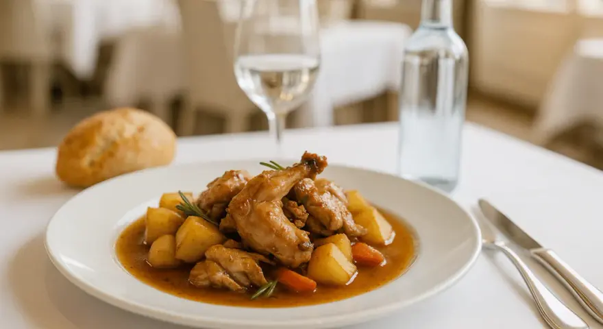 Conejo guisado con patatas y zanahorias en un plato blanco, acompañado de pan y agua.