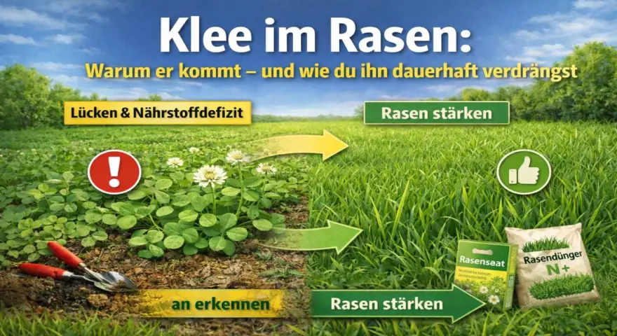 Klee im Rasen: Ein Feld mit viel Klee und einem Warnsymbol links, daneben ein dichter, grüner Rasen mit Daumen hoch rechts. Pfeile zeigen den Übergang.
