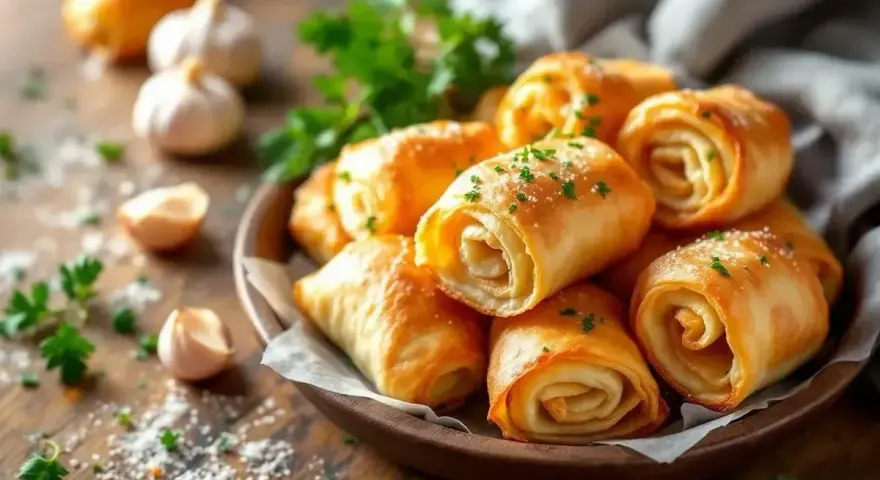 Délicieux rouleaux de pâte filo dorés, parsemés de persil frais. Parfaits pour un apéritif gourmand.